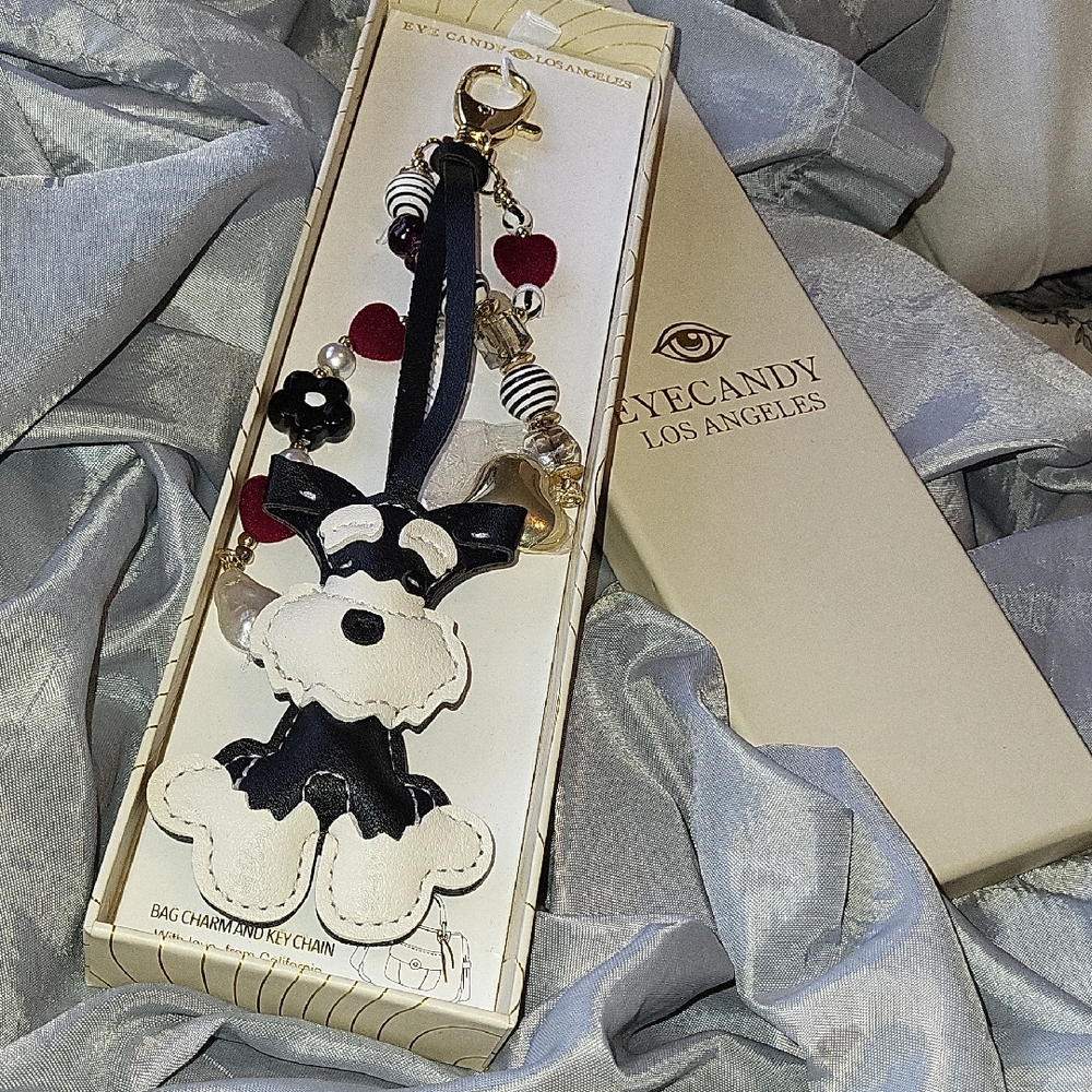 Eye Candy Dog Bag Charm BNIB Black and White Keychain Ta M